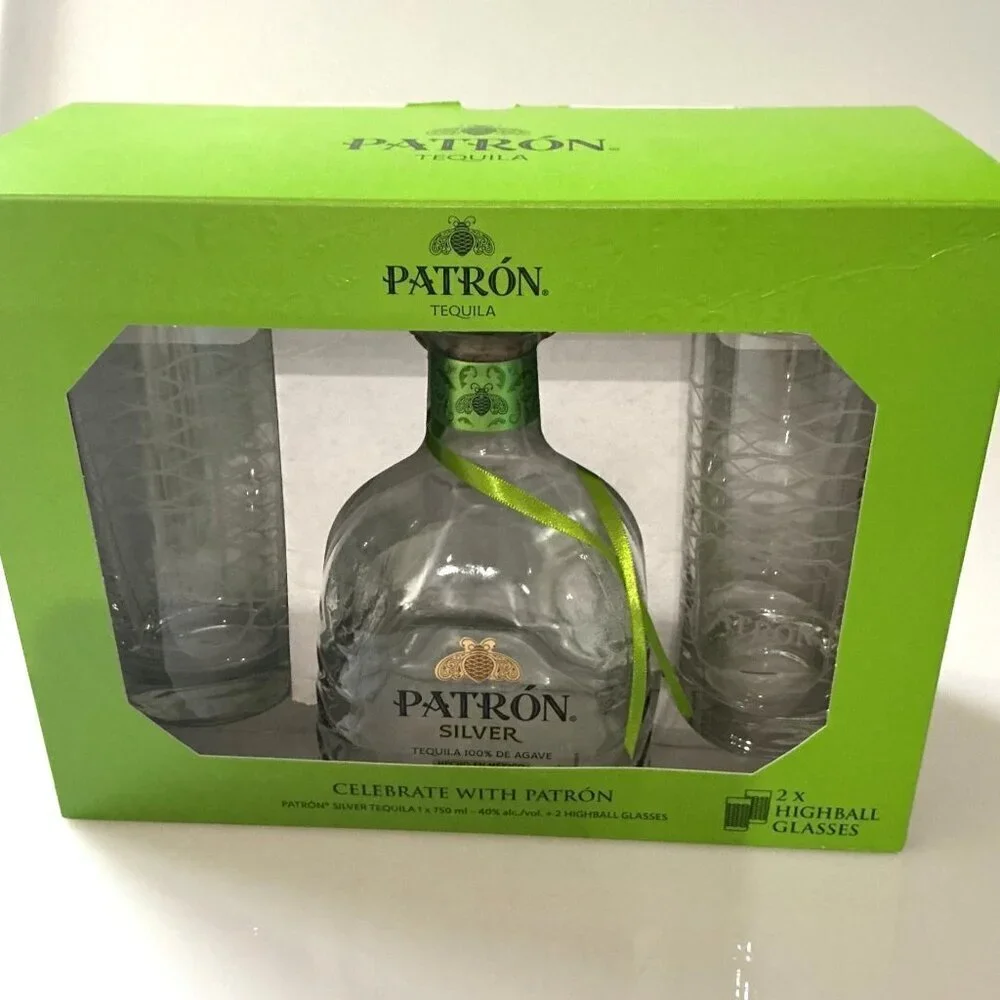 PATRON TEQUILA BOTTLE WITH BAR GLASSES SET NEW BOTTLE DESIGN EMPTY BOTTLE